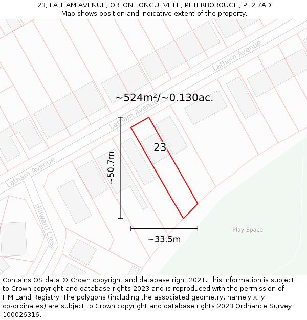 23, LATHAM AVENUE, ORTON LONGUEVILLE, PETERBOROUGH, PE2 7AD: Plot and title map