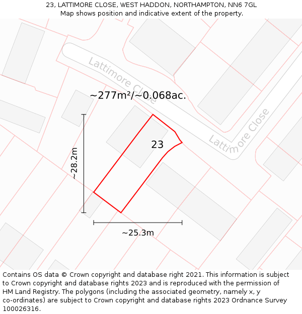 23, LATTIMORE CLOSE, WEST HADDON, NORTHAMPTON, NN6 7GL: Plot and title map