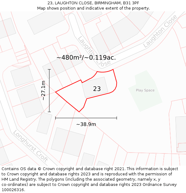 23, LAUGHTON CLOSE, BIRMINGHAM, B31 3PF: Plot and title map