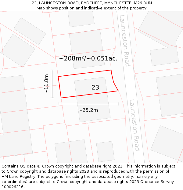 23, LAUNCESTON ROAD, RADCLIFFE, MANCHESTER, M26 3UN: Plot and title map