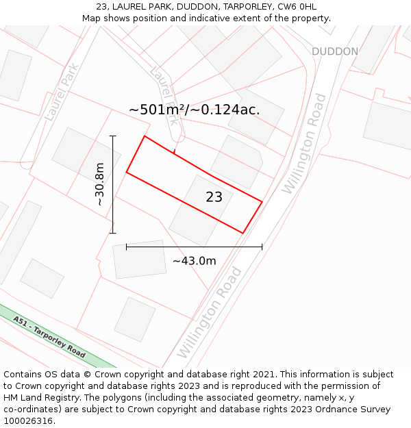 23, LAUREL PARK, DUDDON, TARPORLEY, CW6 0HL: Plot and title map