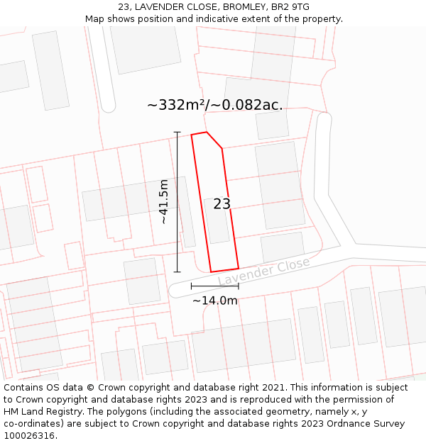 23, LAVENDER CLOSE, BROMLEY, BR2 9TG: Plot and title map