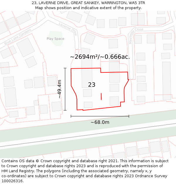 23, LAVERNE DRIVE, GREAT SANKEY, WARRINGTON, WA5 3TR: Plot and title map