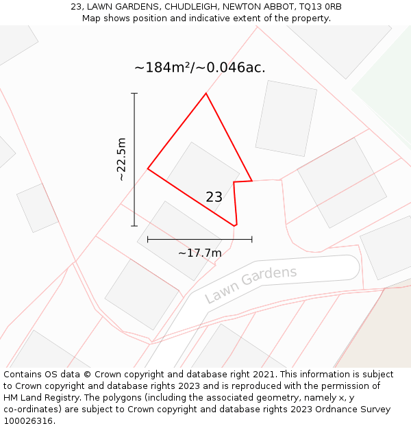 23, LAWN GARDENS, CHUDLEIGH, NEWTON ABBOT, TQ13 0RB: Plot and title map