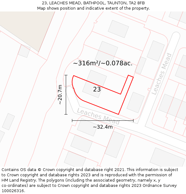 23, LEACHES MEAD, BATHPOOL, TAUNTON, TA2 8FB: Plot and title map