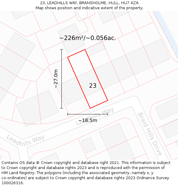 23, LEADHILLS WAY, BRANSHOLME, HULL, HU7 4ZA: Plot and title map
