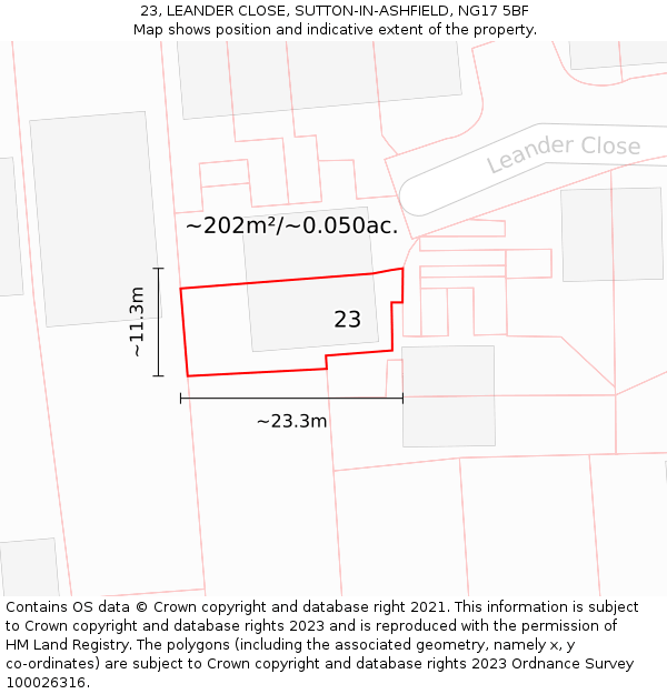 23, LEANDER CLOSE, SUTTON-IN-ASHFIELD, NG17 5BF: Plot and title map