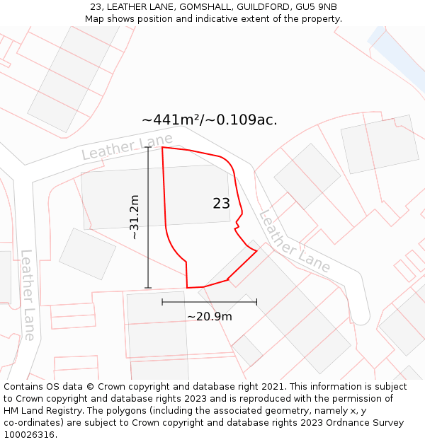 23, LEATHER LANE, GOMSHALL, GUILDFORD, GU5 9NB: Plot and title map