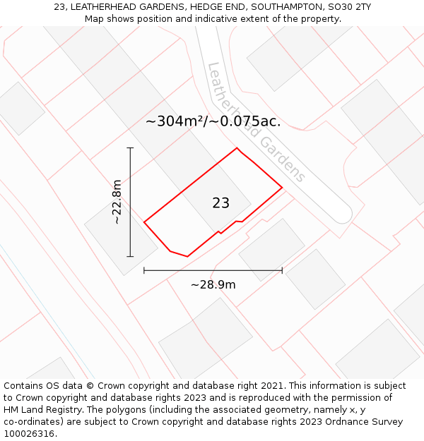 23, LEATHERHEAD GARDENS, HEDGE END, SOUTHAMPTON, SO30 2TY: Plot and title map