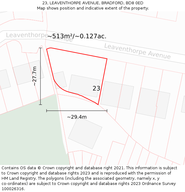 23, LEAVENTHORPE AVENUE, BRADFORD, BD8 0ED: Plot and title map