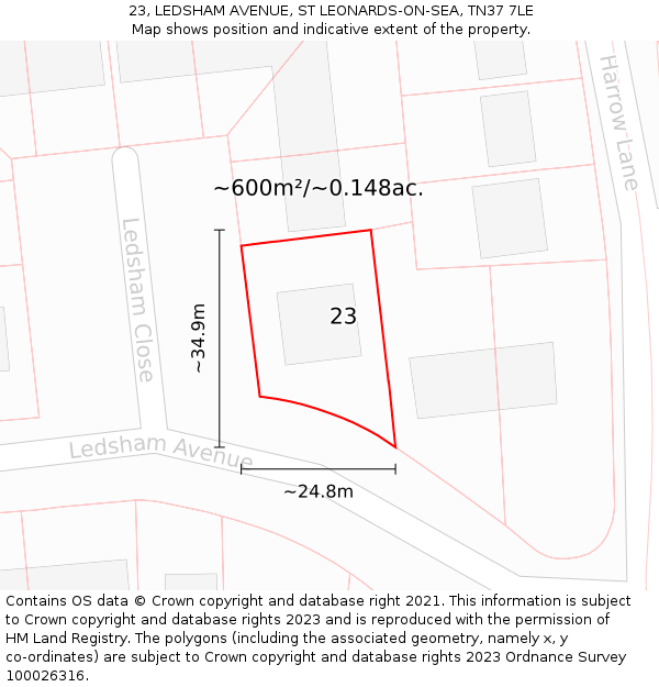23, LEDSHAM AVENUE, ST LEONARDS-ON-SEA, TN37 7LE: Plot and title map