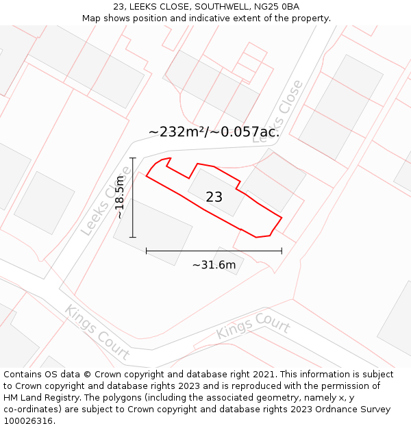 23, LEEKS CLOSE, SOUTHWELL, NG25 0BA: Plot and title map