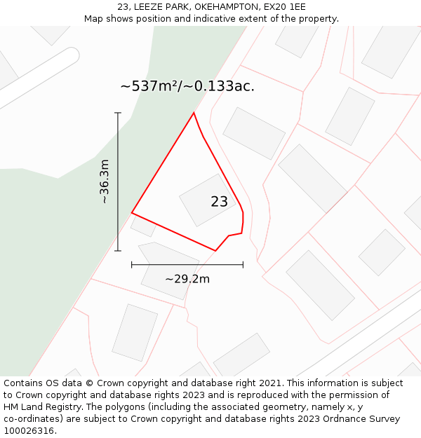 23, LEEZE PARK, OKEHAMPTON, EX20 1EE: Plot and title map