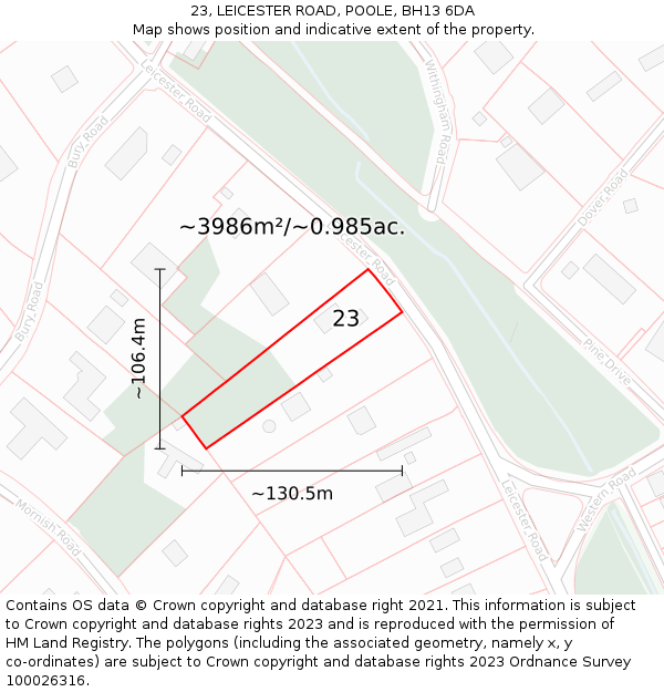 23, LEICESTER ROAD, POOLE, BH13 6DA: Plot and title map