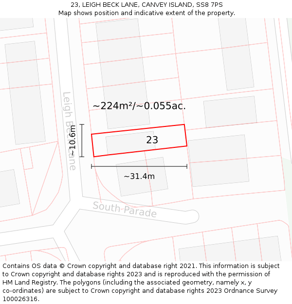 23, LEIGH BECK LANE, CANVEY ISLAND, SS8 7PS: Plot and title map