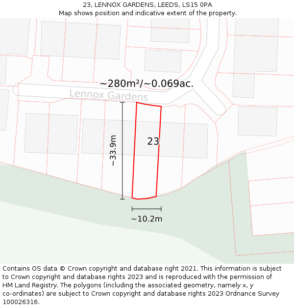 23, LENNOX GARDENS, LEEDS, LS15 0PA: Plot and title map