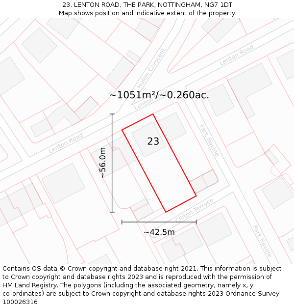 23, LENTON ROAD, THE PARK, NOTTINGHAM, NG7 1DT: Plot and title map