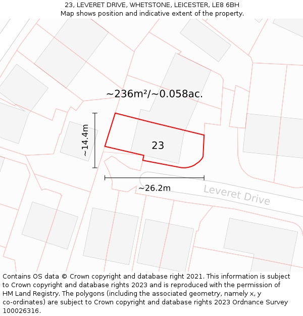 23, LEVERET DRIVE, WHETSTONE, LEICESTER, LE8 6BH: Plot and title map