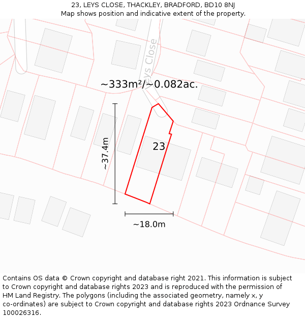 23, LEYS CLOSE, THACKLEY, BRADFORD, BD10 8NJ: Plot and title map