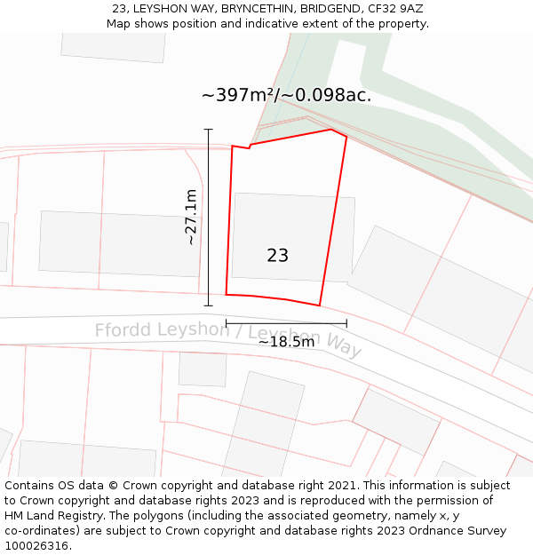 23, LEYSHON WAY, BRYNCETHIN, BRIDGEND, CF32 9AZ: Plot and title map
