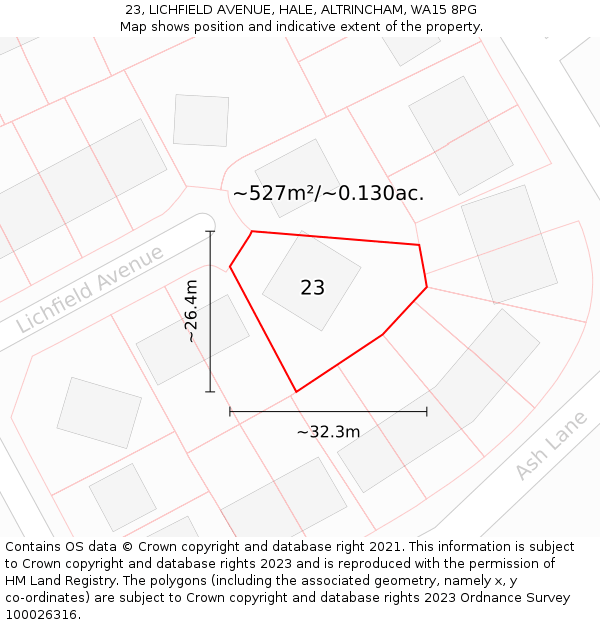 23, LICHFIELD AVENUE, HALE, ALTRINCHAM, WA15 8PG: Plot and title map