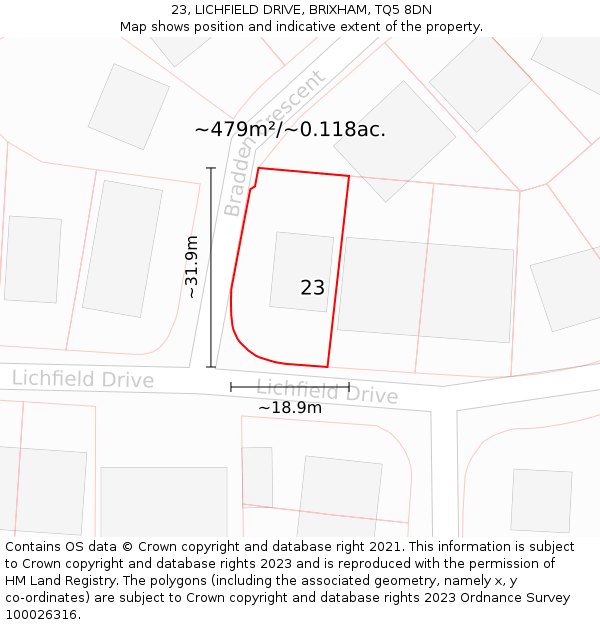 23, LICHFIELD DRIVE, BRIXHAM, TQ5 8DN: Plot and title map