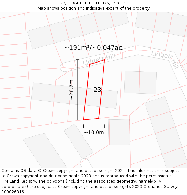 23, LIDGETT HILL, LEEDS, LS8 1PE: Plot and title map