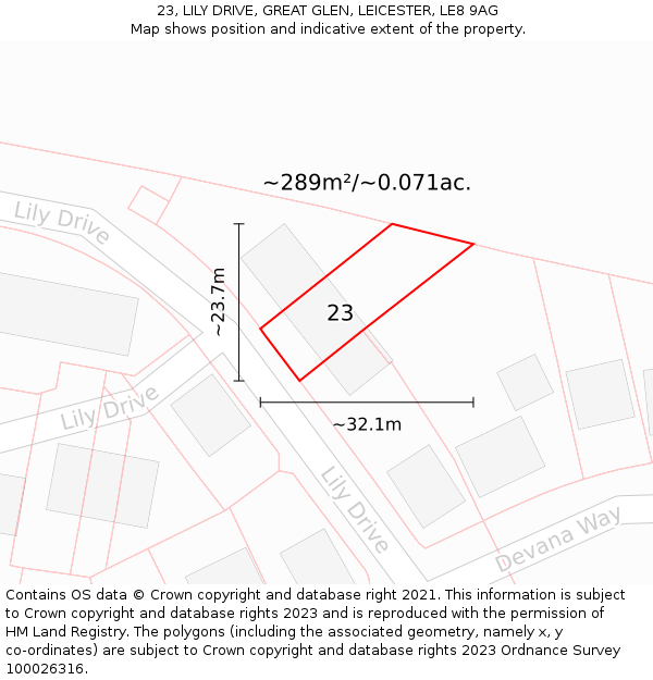 23, LILY DRIVE, GREAT GLEN, LEICESTER, LE8 9AG: Plot and title map