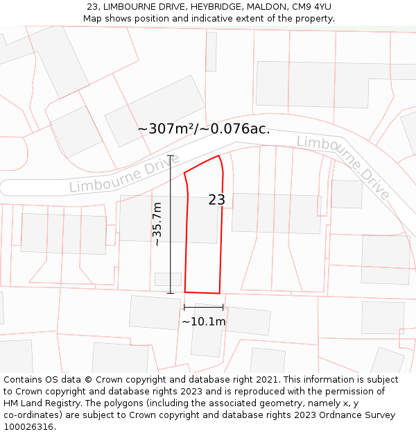 23, LIMBOURNE DRIVE, HEYBRIDGE, MALDON, CM9 4YU: Plot and title map