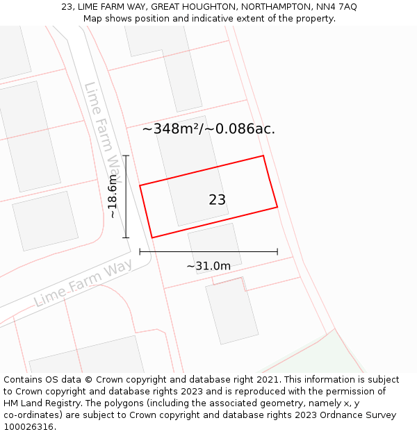 23, LIME FARM WAY, GREAT HOUGHTON, NORTHAMPTON, NN4 7AQ: Plot and title map