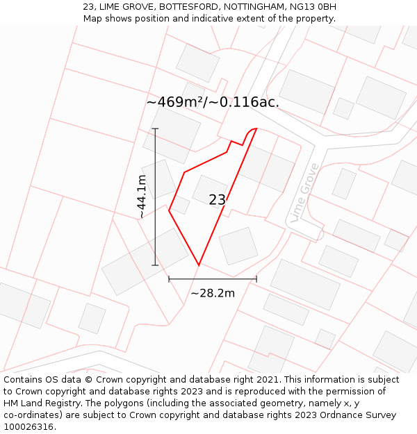 23, LIME GROVE, BOTTESFORD, NOTTINGHAM, NG13 0BH: Plot and title map