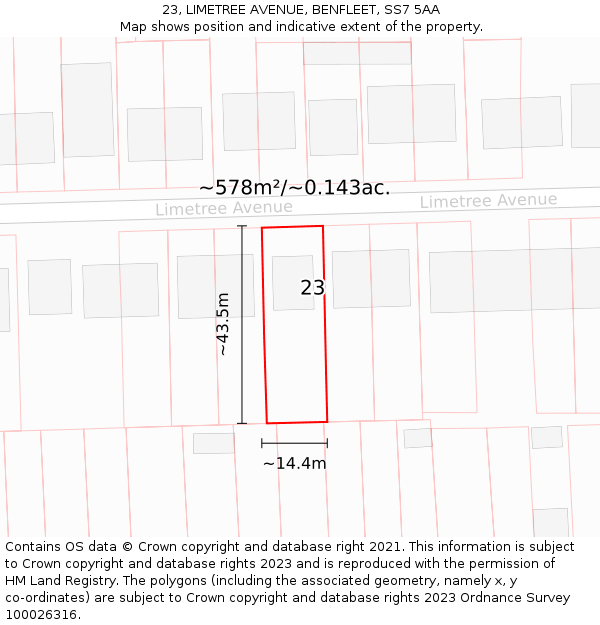 23, LIMETREE AVENUE, BENFLEET, SS7 5AA: Plot and title map