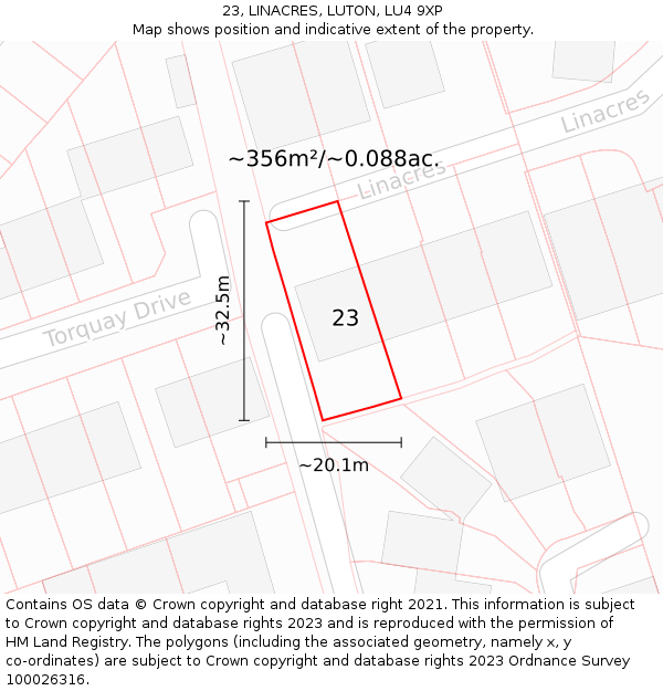23, LINACRES, LUTON, LU4 9XP: Plot and title map