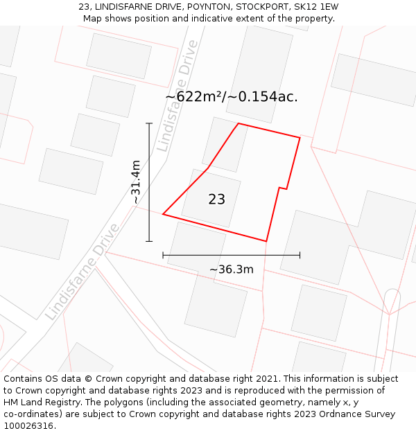 23, LINDISFARNE DRIVE, POYNTON, STOCKPORT, SK12 1EW: Plot and title map