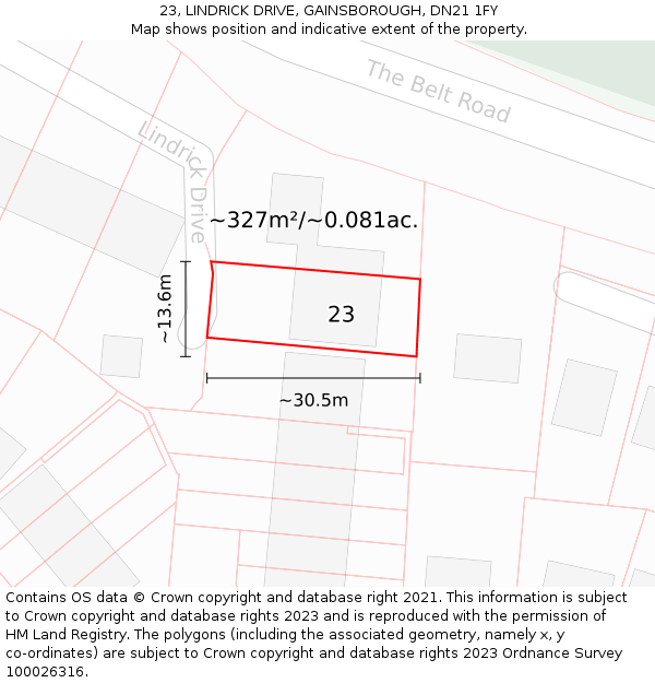 23, LINDRICK DRIVE, GAINSBOROUGH, DN21 1FY: Plot and title map