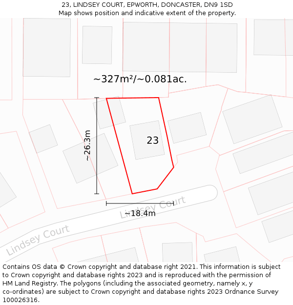 23, LINDSEY COURT, EPWORTH, DONCASTER, DN9 1SD: Plot and title map