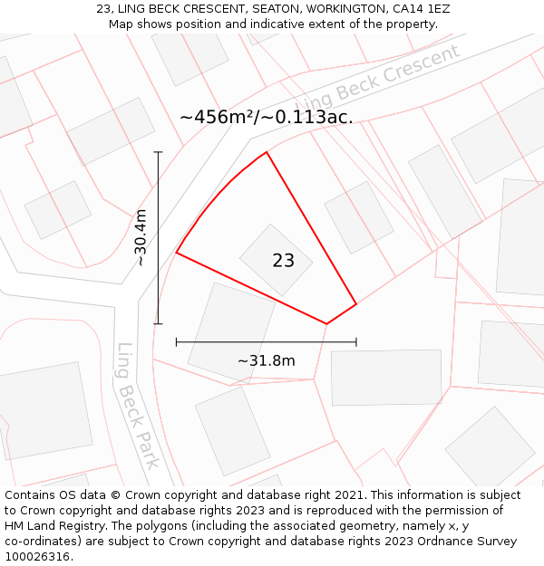 23, LING BECK CRESCENT, SEATON, WORKINGTON, CA14 1EZ: Plot and title map