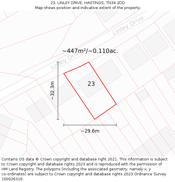 23, LINLEY DRIVE, HASTINGS, TN34 2DD: Plot and title map