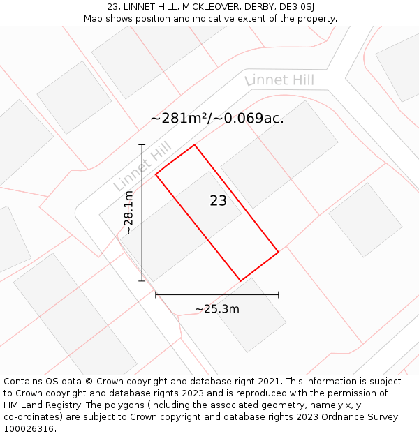 23, LINNET HILL, MICKLEOVER, DERBY, DE3 0SJ: Plot and title map