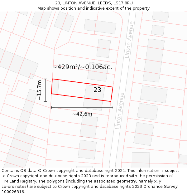 23, LINTON AVENUE, LEEDS, LS17 8PU: Plot and title map