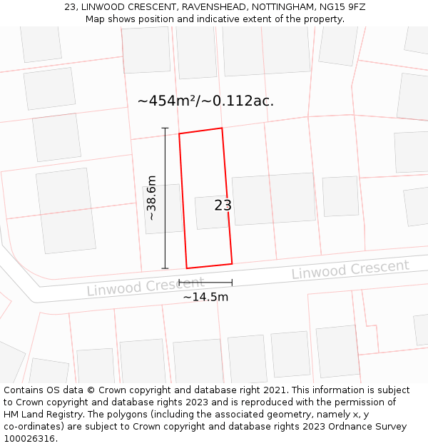 23, LINWOOD CRESCENT, RAVENSHEAD, NOTTINGHAM, NG15 9FZ: Plot and title map