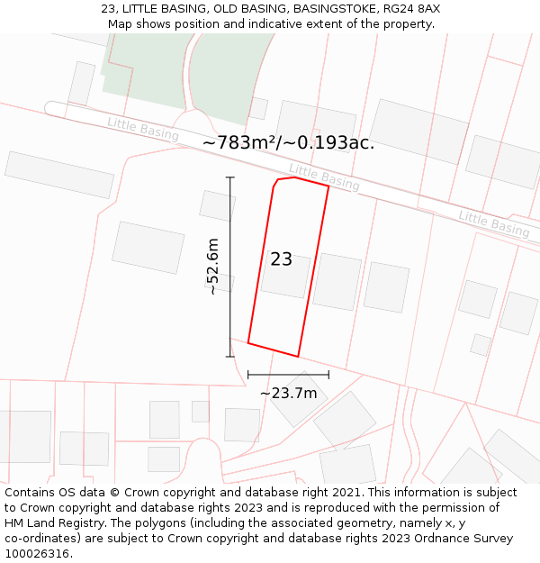 23, LITTLE BASING, OLD BASING, BASINGSTOKE, RG24 8AX: Plot and title map