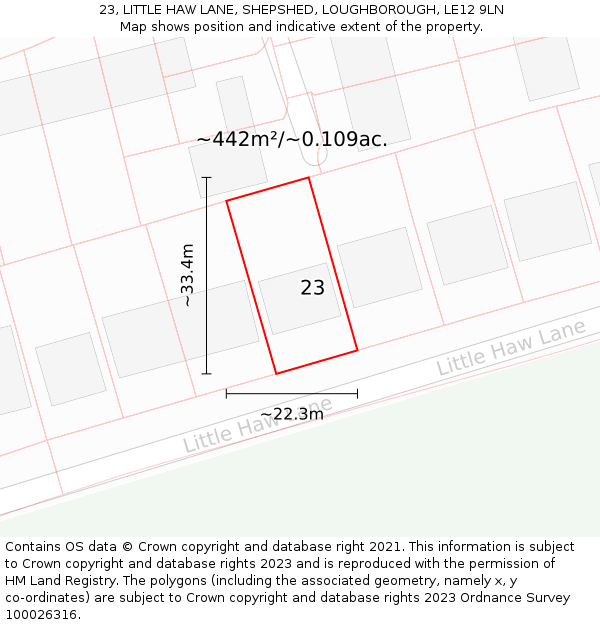23, LITTLE HAW LANE, SHEPSHED, LOUGHBOROUGH, LE12 9LN: Plot and title map