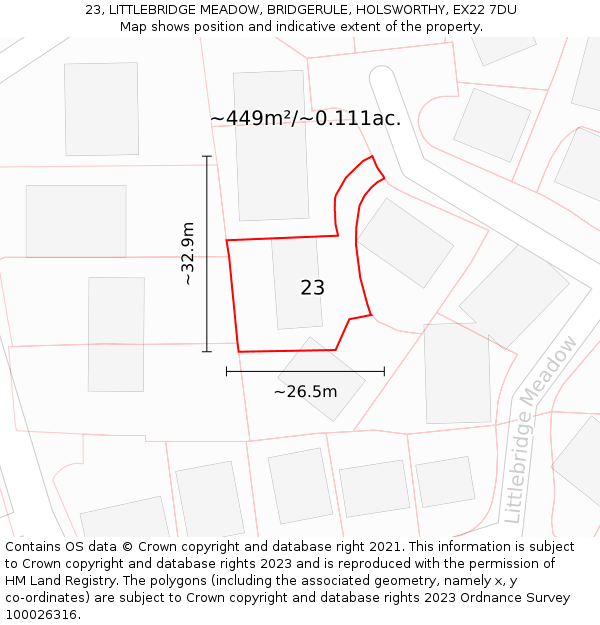 23, LITTLEBRIDGE MEADOW, BRIDGERULE, HOLSWORTHY, EX22 7DU: Plot and title map