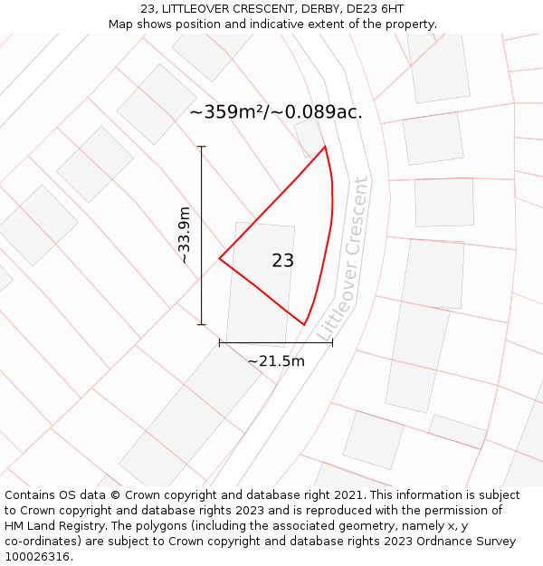 23, LITTLEOVER CRESCENT, DERBY, DE23 6HT: Plot and title map