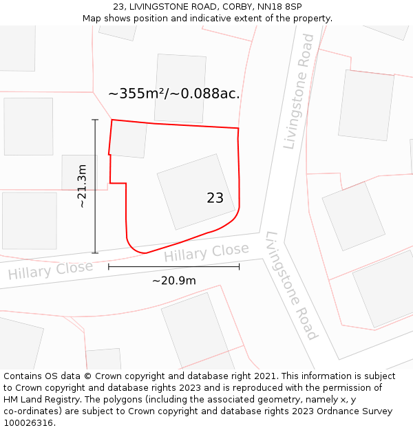 23, LIVINGSTONE ROAD, CORBY, NN18 8SP: Plot and title map