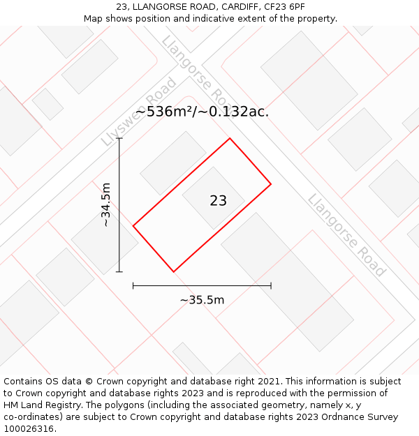 23, LLANGORSE ROAD, CARDIFF, CF23 6PF: Plot and title map
