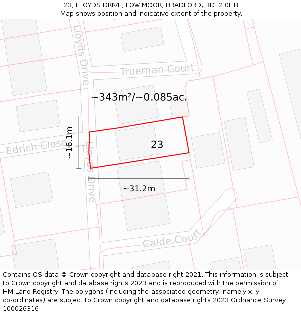 23, LLOYDS DRIVE, LOW MOOR, BRADFORD, BD12 0HB: Plot and title map