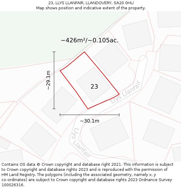 23, LLYS LLANFAIR, LLANDOVERY, SA20 0HU: Plot and title map