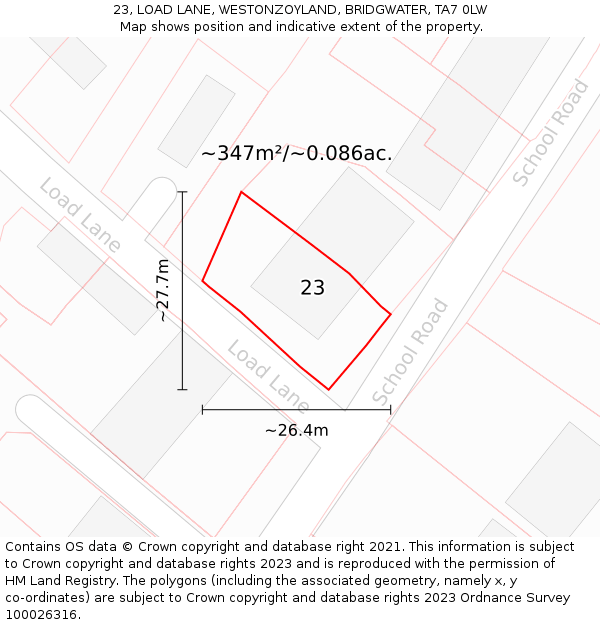 23, LOAD LANE, WESTONZOYLAND, BRIDGWATER, TA7 0LW: Plot and title map